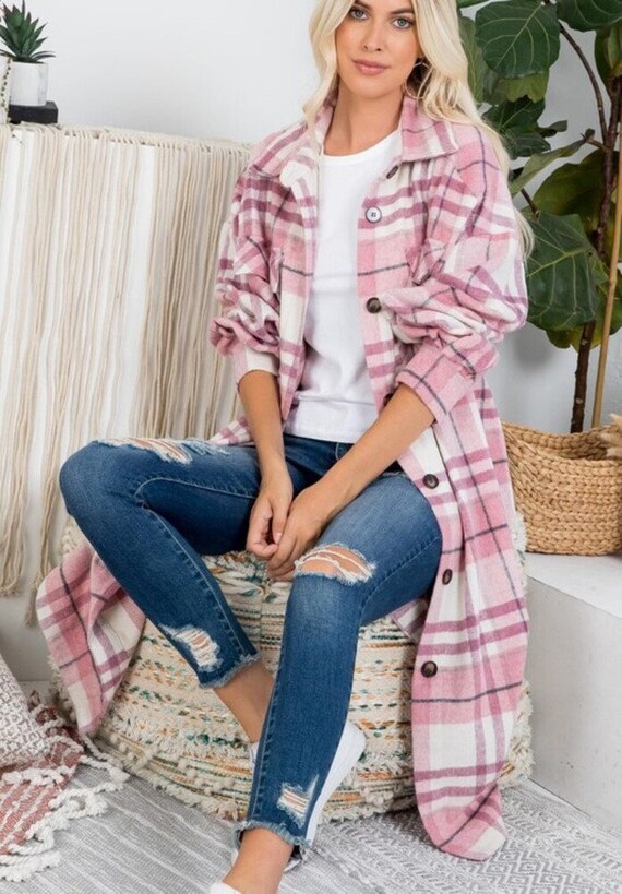 Mauve Pink Brushed Plaid Long Flannel 