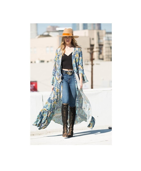 Boho Gypsy Paisley Bell Sleeve Ruffle Long Wrap Kimono Cardigan Duster Maxi  Dress Tunic Top Bohemian Beach Cover up Robe - Etsy