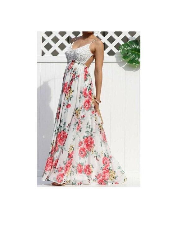 Bohemian Floral Maxi Dress White 