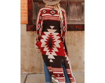 Women's Southwest Aztec Knit Long Maxi Cardigan Sweater Duster Coat Tribal Western Country Style Outerwear