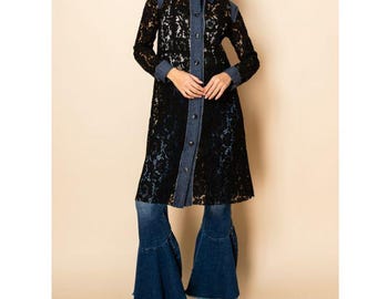 Boho Vintage Denim Black Crochet Lace Long Cardigan Duster Jacket Top Vocal