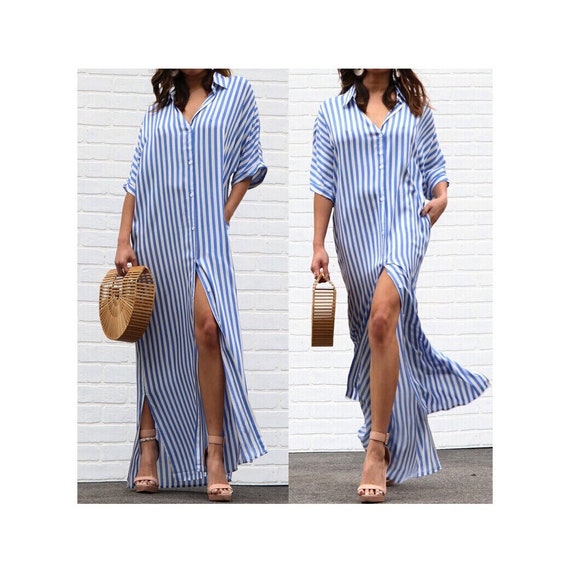Boho White Blue Striped Button Front Long Shirt Dress Maxi Kimono Duster Tunic Top