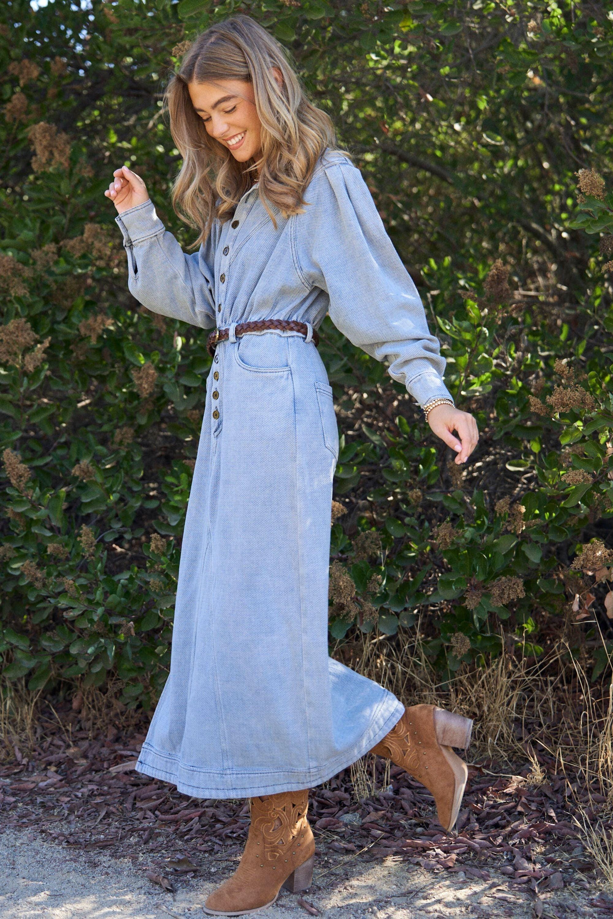 Western Vintage Denim Maxi Dress Long Sleeve Side Slit Jean Shirt Dress Western Vintage Denim Maxi Dress Long Sleeve Side Slit Jean Shirt Dress