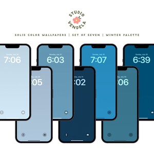 May include: Set of seven blue and light blue phone wallpapers in a winter color palette. The wallpapers are displayed on seven iPhone screens with different times displayed on each screen.