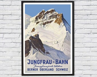 Jungfrau Bahn, Berner Oberland Schweiz Vintage Sports & Ski Poster - Art Deco /Canvas Print /Print Buy 2 Get 1 Free /Ships in 24 Hours