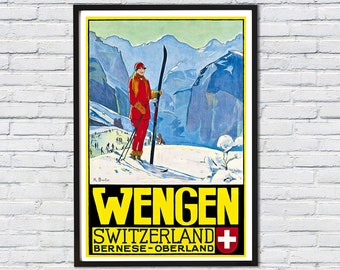 Wengen Bernese Oberland Switzerland Vintage Sports & Ski Poster Wall Decor Canvas Print Gift Poster Print Buy 2 Get 1 Free/Ships in 24 Hours