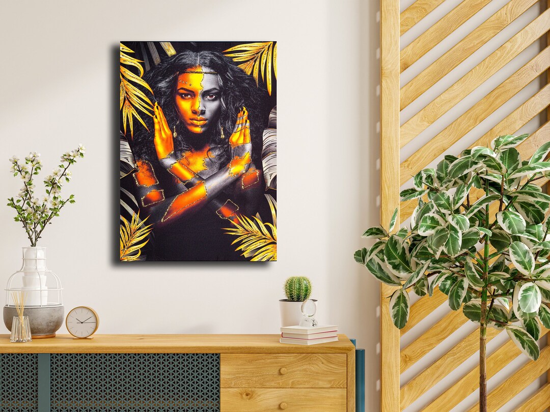 Luxury Golden African Woman Canvas Fabric Wall Art, Handmade Glitter