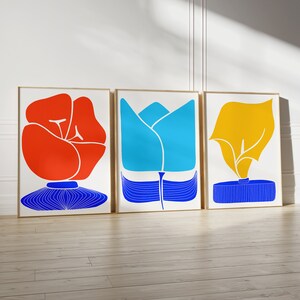 Set of Three Flower Prints in Primary Colors - Botanical Three Piece Wall Art - Large Flower Posters - Red, Yellow, Blue Illustrations