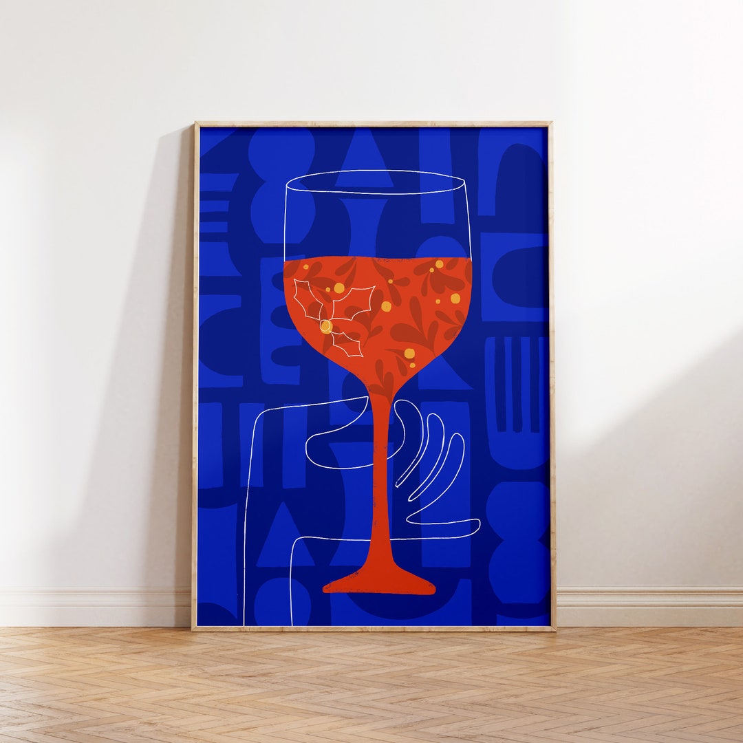 Holiday Blue Bar Cart Art Print of a Red Wine Glass, Colorful and Bold