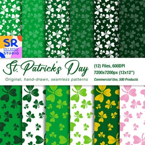 St. Patrick's Day klavers naadloos patroon 600 DPI PNG Instant Download voor digitale papers Vinyl stof ontwerp van oppervlak, klavertje drie
