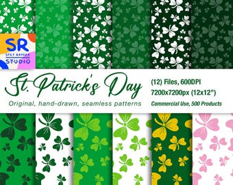 May include: Twelve digital paper patterns featuring shamrock designs in various colors, including green, white, yellow, and pink. The patterns are seamless and perfect for St. Patrick's Day crafts and projects.