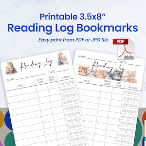 Printable Reading log Cat Bookmark Gift for Book Lover, PDF, JPG, Reading List, Library Card, Book Tracker, Simple, Instant Download Print