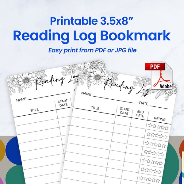 Reading log Bookmark PDF, Floral, Printable jpg, Reading List, Library Card, Book Tracker, Editable, Personalized, Simple, Instant Download