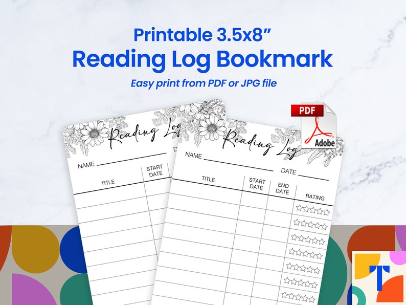 Reading Log Bookmark PDF, Floral, Printable Jpg, Reading List, Library ...