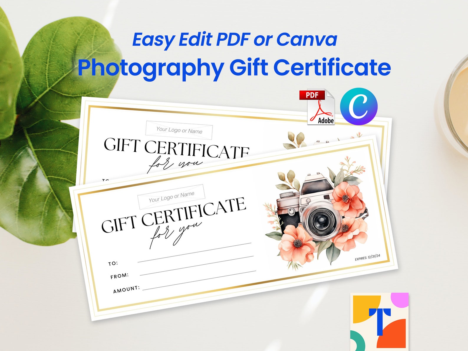 Photography Gift Certificate Template. Editable Gift Card Voucher for ...