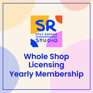 May include: A graphic with a colorful background and the text "SR STEFF RAPOZA STUDIO" in blue and white. The text "Whole Shop Licensing Yearly Membership" is in blue and white.
