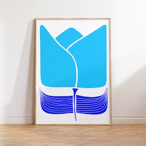 Big Blue Flower Illustration, Gift for Mom, Colorful Botanical Wall Art, Large Blue Flower Print, Contemporary Flower Design