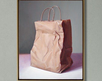 Hyperrealism Oil Painting | Paper Bag Still Life, 16x20, Framed