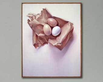 Framed Still Life Oil Painting: Eggs in Brown Paper, Kitchen Art (16x20)