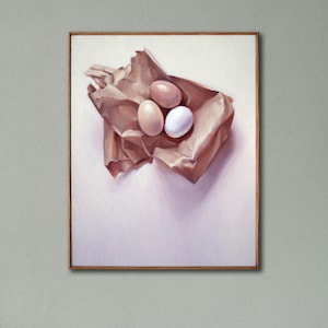 Still Life Painting Eggs Brown Paper, Hyperreal Painting, Kitchen Wall Art | 16x20 Original Oil Painting Framed | Realism, Contemporary Art