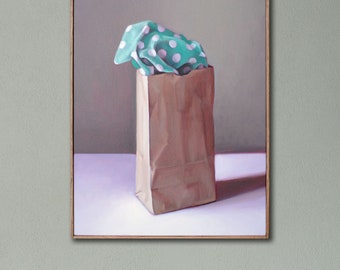 Braune Tasche Stillleben Malerei Hyperreal Malerei Küche Wand Kunst | 20x16 Original Ölgemälde Gerahmt | Minimal Art, Boho Wandkunst