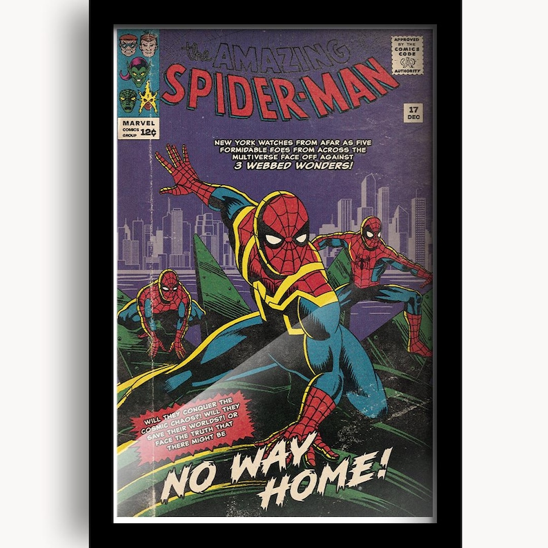 May include: Framed comic book cover of The Amazing Spider-Man. The artwork features Spider-Man in action poses, with text that reads "No Way Home!" and "3 Webbed Wonders!" The background shows a cityscape and comic book style graphics.