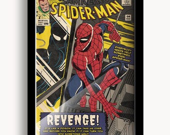 Könnte beinhalten: Gerahmtes Comic-Cover mit Spider-Man in einer dynamischen Pose, mit einem Schwarz-Rot-Farbschema. Der Titel "The Amazing Spider-Man" ist prominent dargestellt, zusammen mit dem Wort "REVENGE!" und anderem Text. Ein klassischer Comic-Stil.