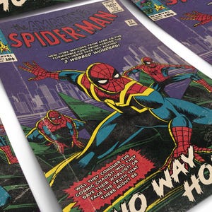 May include: Vintage comic book covers featuring Spider-Man in action poses. The covers showcase vibrant colors, dynamic illustrations, and text bubbles with classic comic book fonts. The Amazing Spider-Man is the title of the comic book.