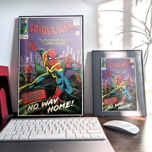 May include: Framed vintage comic book cover art featuring Spider-Man in action. The cover art is titled "The Amazing Spider-Man" with the text "No Way Home!" displayed prominently. The artwork is in a black frame.