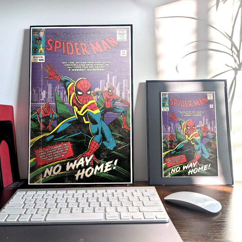 May include: Framed vintage comic book cover art featuring Spider-Man in action. The cover art is titled "The Amazing Spider-Man" with the text "No Way Home!" displayed prominently. The artwork is in a black frame.
