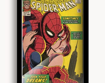 Könnte beinhalten: Gerahmtes Comic-Cover mit Spider-Man und einer Frau, mit dem Titel "The Amazing Spider-Man". Die Illustration ist im Vintage-Comic-Stil gehalten, mit kräftigen Farben und Sprechblasen. Der Hintergrund zeigt einen gelben Himmel und die Skyline von New York.