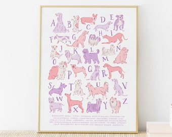 Pink Dog Alphabet Print for Nursery - Dog Nursery Wall Decor  - Purple Dog Print-  Girl's Nursery Art - 11x14 16x20 18x24