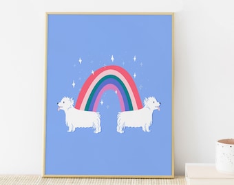 Nursery Rainbow Art Print with Dogs- Blue Nursery Art Print - Childrens Art Westie - Kids Art - Periwinkle Art Print