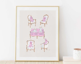French Poodles in Chairs Illustrated Print - Dog Nursery Wall Decor  - Pink Dog Print-  Girl's Nursery Art - 8x10 11x14 16x20