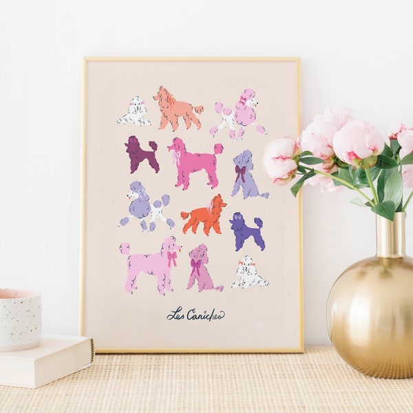 Caniches Français en rose violet et rouge - Décoration murale de pépinière de chiens - Impression de chien rose - Art de pépinière de filles - 8x10 11x14 16x20