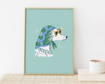 Retro Dog Art Print - Dog Nursery Art Print - Childrens Art Dog - Kids Art - Teal Art Print