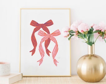 Bows Art Print - Red and Pink Striped Bows -  Nursery Art - Girl's Room Artwork - Nursery Artwork -Red  Bow Artwork - Bows Illustration