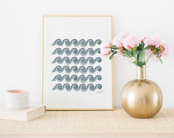 Ancient Greek Art Print  Spirals - Wave Artwork - Greek Aesthetic Art - Blue Beach Art - 8x10 - 11x14 - 16x20 - Krissy Mast Illustration