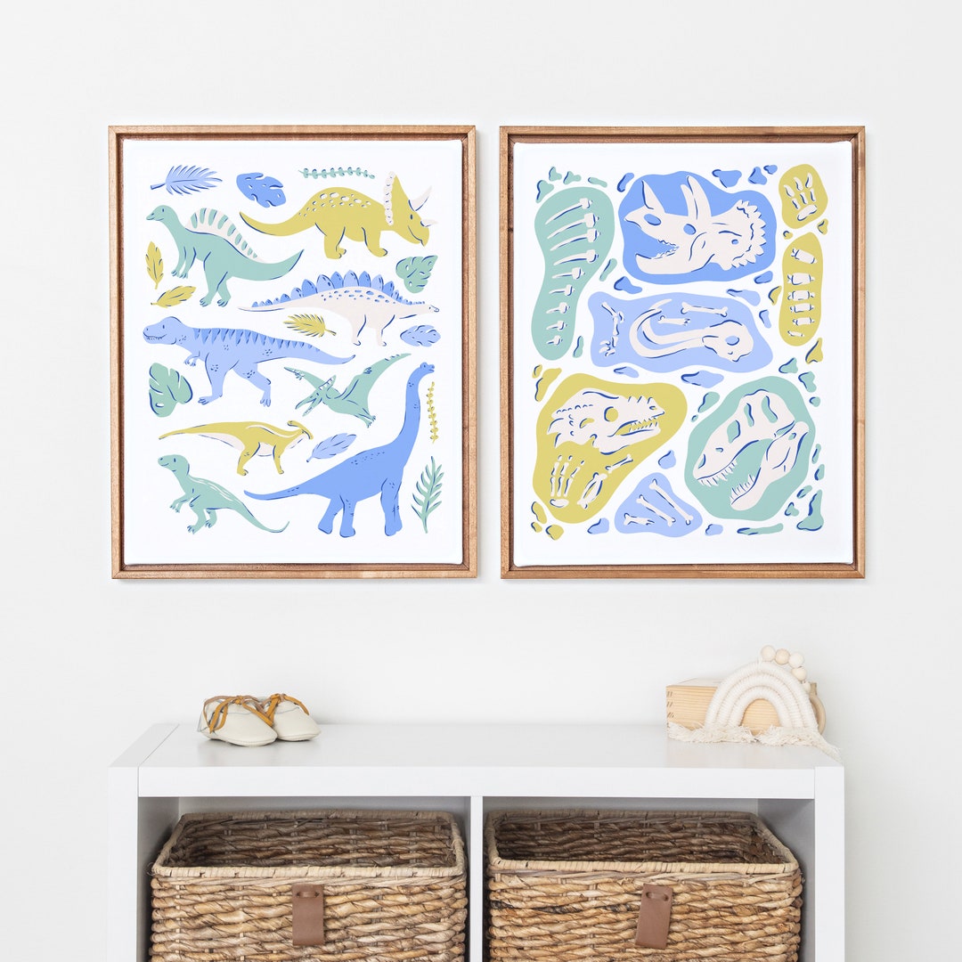 Boys Nursery Dinosaur and Fossils Art Print Set in Blue and Green ...
