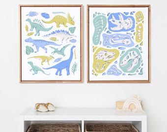 Boys Nursery Dinosaur and Fossils Art Print Set in Blue and Green - Dino Nursery Wall Art Prints  - Cute Dinosaur Art- 8x10 11x14 16x20