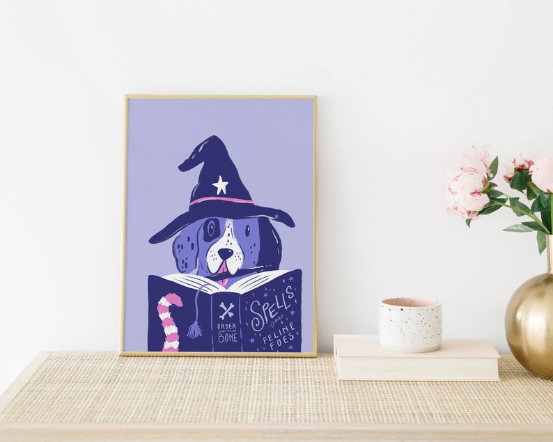 Dog Witch Art Print Halloween Beagle Art Print with Spell Book 16x20 11x14 8x10 and up to 20x20 Square Print image 1