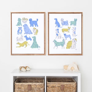 Juego de arte con perros para guardería de niños - Juego de impresiones artísticas para guardería - Impresiones artísticas de pared para guardería de perros - Arte de perro verde - 8x10 11x14 16x20
