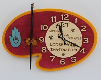 Wood Wall Clock with Numbers, Palette, Wood, Colorful, Fun, Encouraging