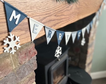 Leather Merry Christmas Bunting With Hanging Snowflakes.