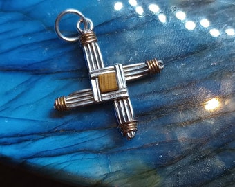 Rustic Sterling Silver, Gold plated wire  BRIGID CROSS with Tiger's Eye .