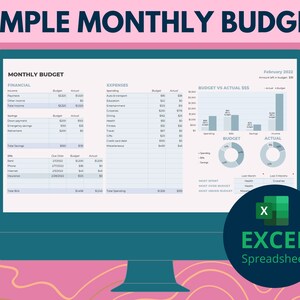 Excel Monthly Budget / Simple Monthly Budget Spreadsheet / Excel Budget Template in Blue