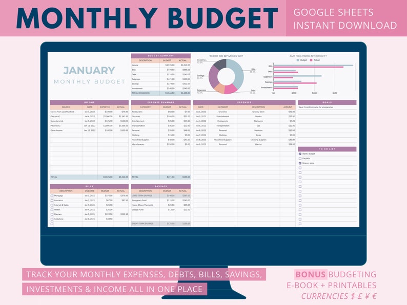 Monthly Budget / Google Sheets Budget Spreadsheet / Financial Etsy