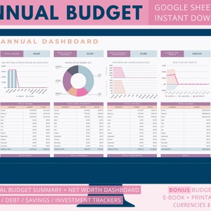 Annual Budget / Google Sheets Budget Spreadsheet / Net Worth - Financial Planner / Budget Template in Sunset