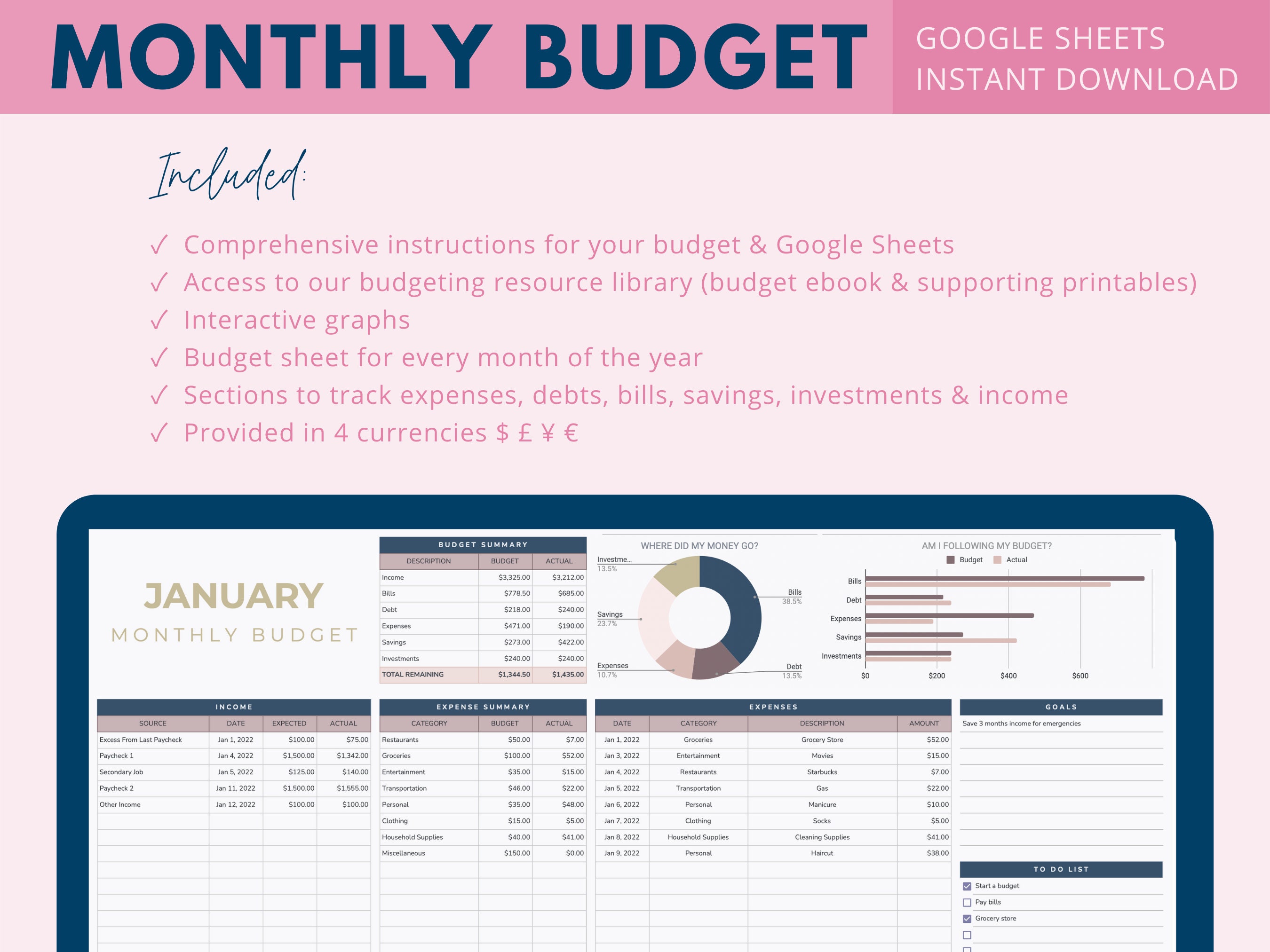 Monthly Budget / Google Sheets Budget Spreadsheet / Financial Planner ...