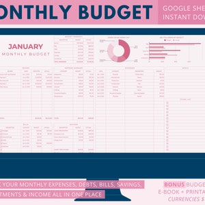 Monthly Budget / Google Sheets Budget Spreadsheet / Financial Planner / Budget Template in Pink